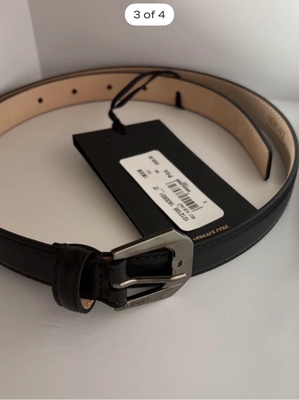 Versace Black Leather Men’s Belt with Polished Silver Buckle